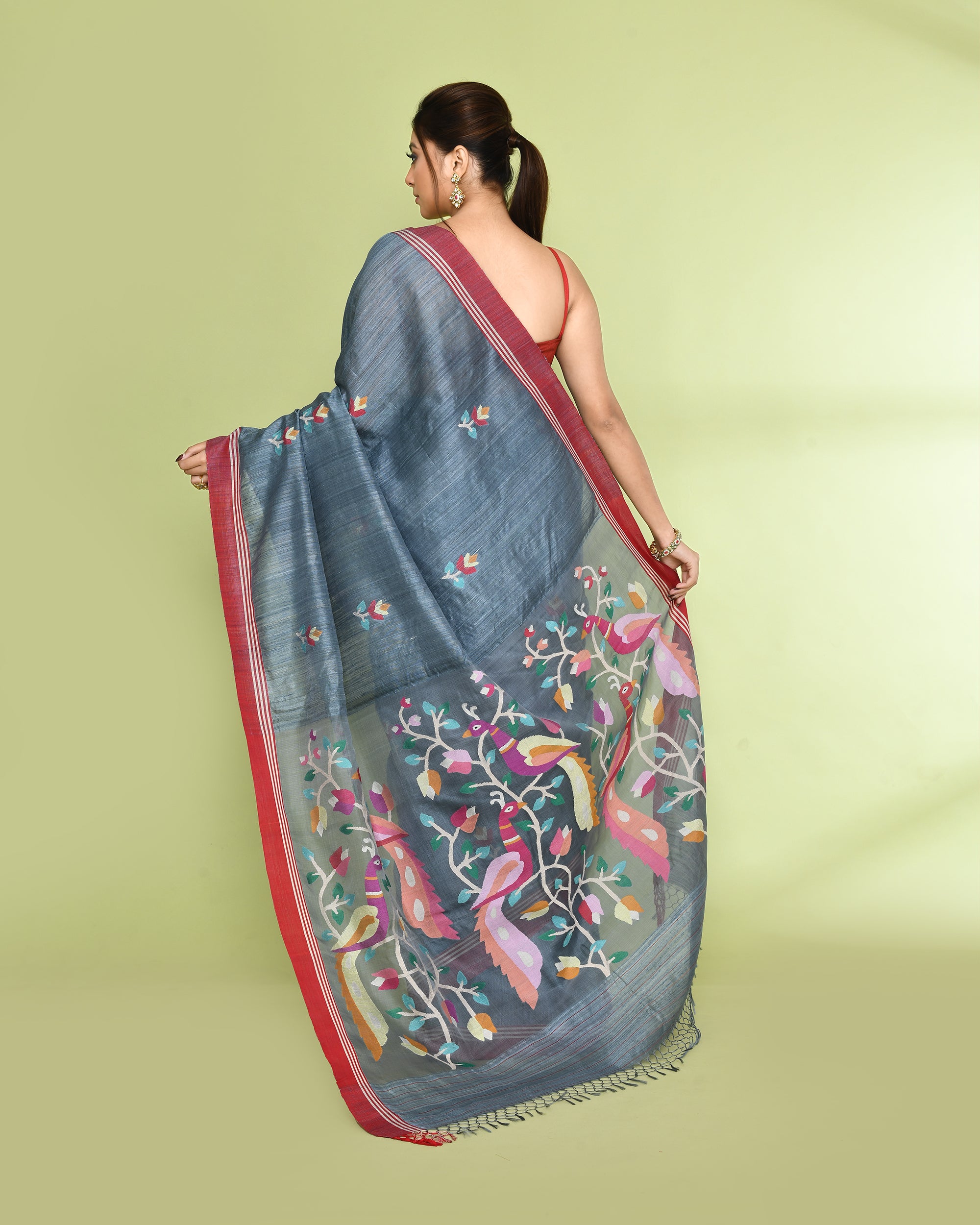 Piyari Fashion Women's Blue Grey Embellished Matka Silk Jamdani Saree