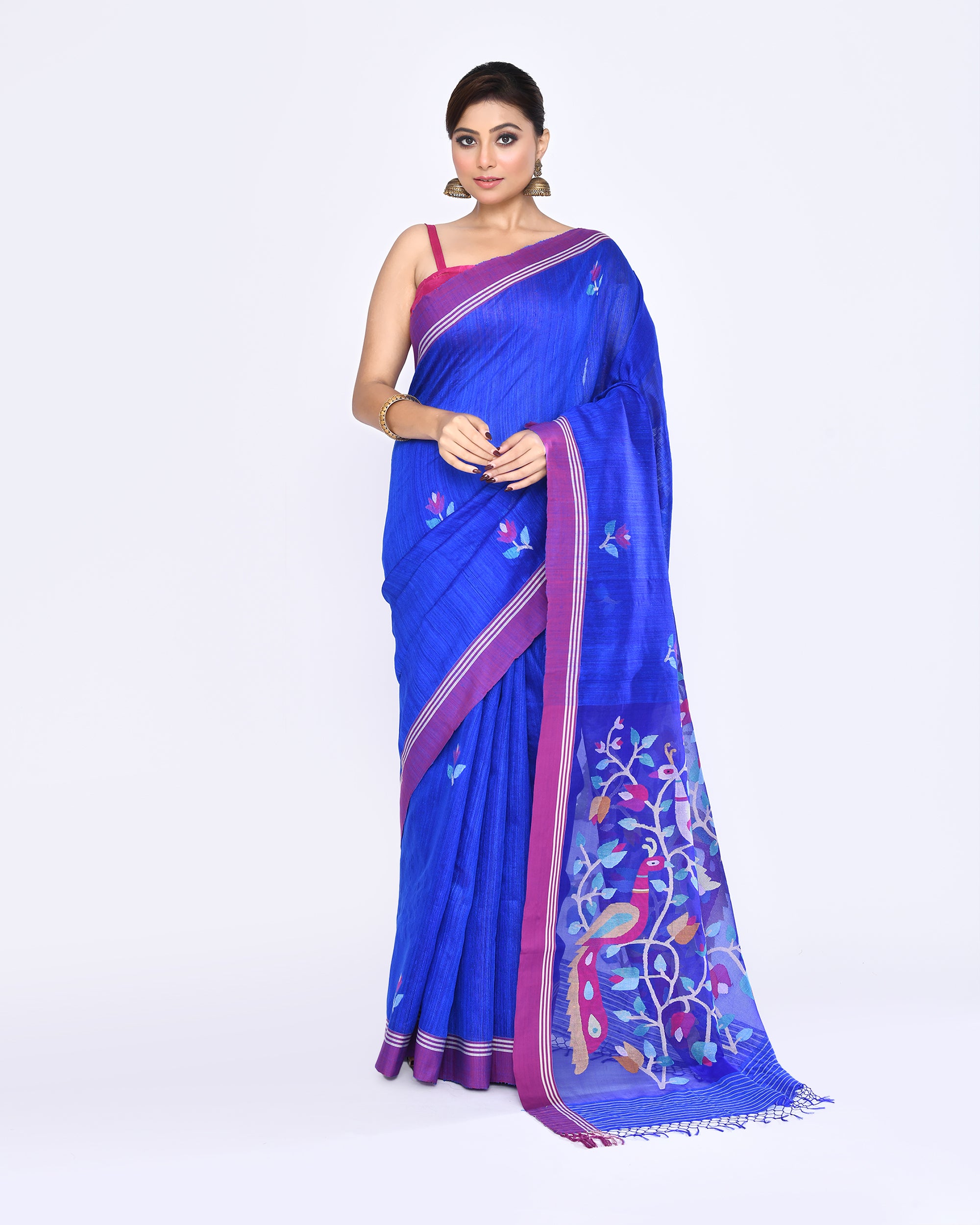 Piyari Fashion Women's Royal Blue Embellished Matka Silk Jamdani Saree