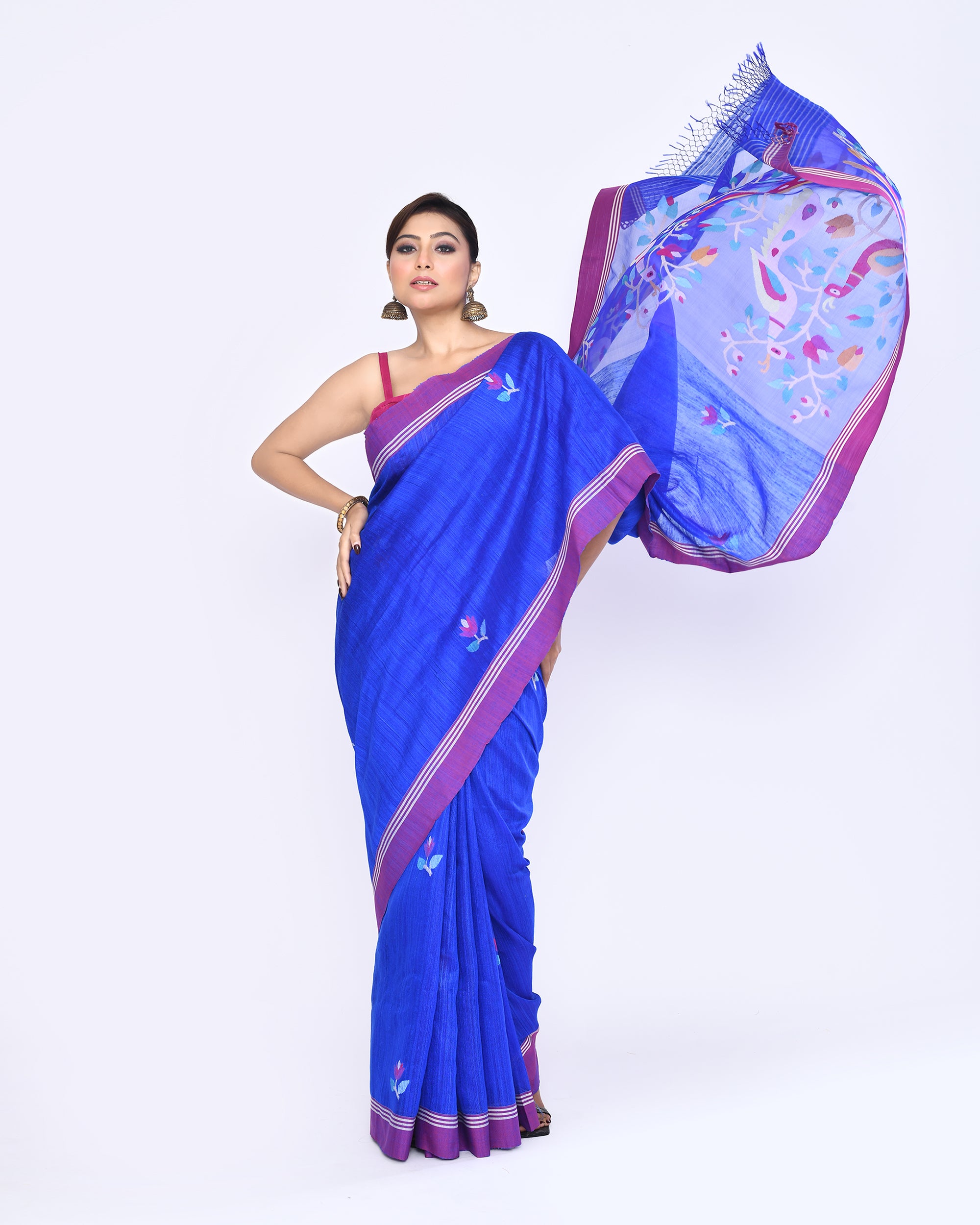 Piyari Fashion Women's Royal Blue Embellished Matka Silk Jamdani Saree