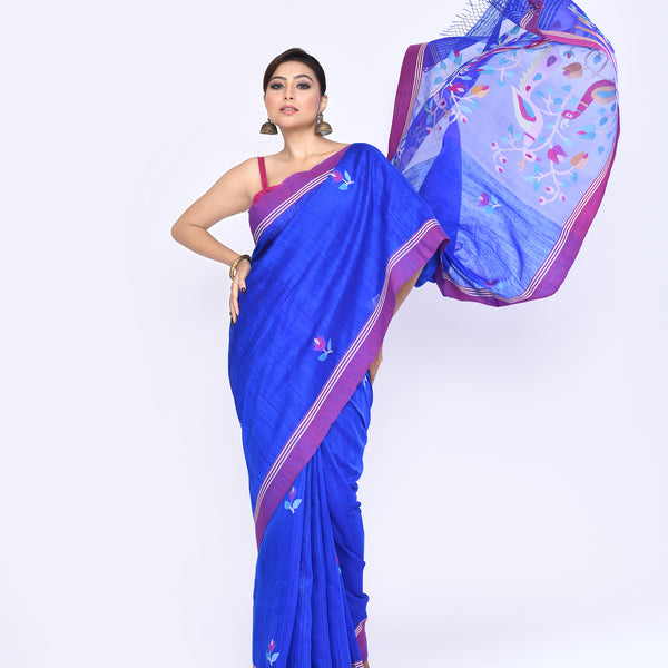 Piyari Fashion Women's Royal Blue Embellished Matka Silk Jamdani Saree - Distacart