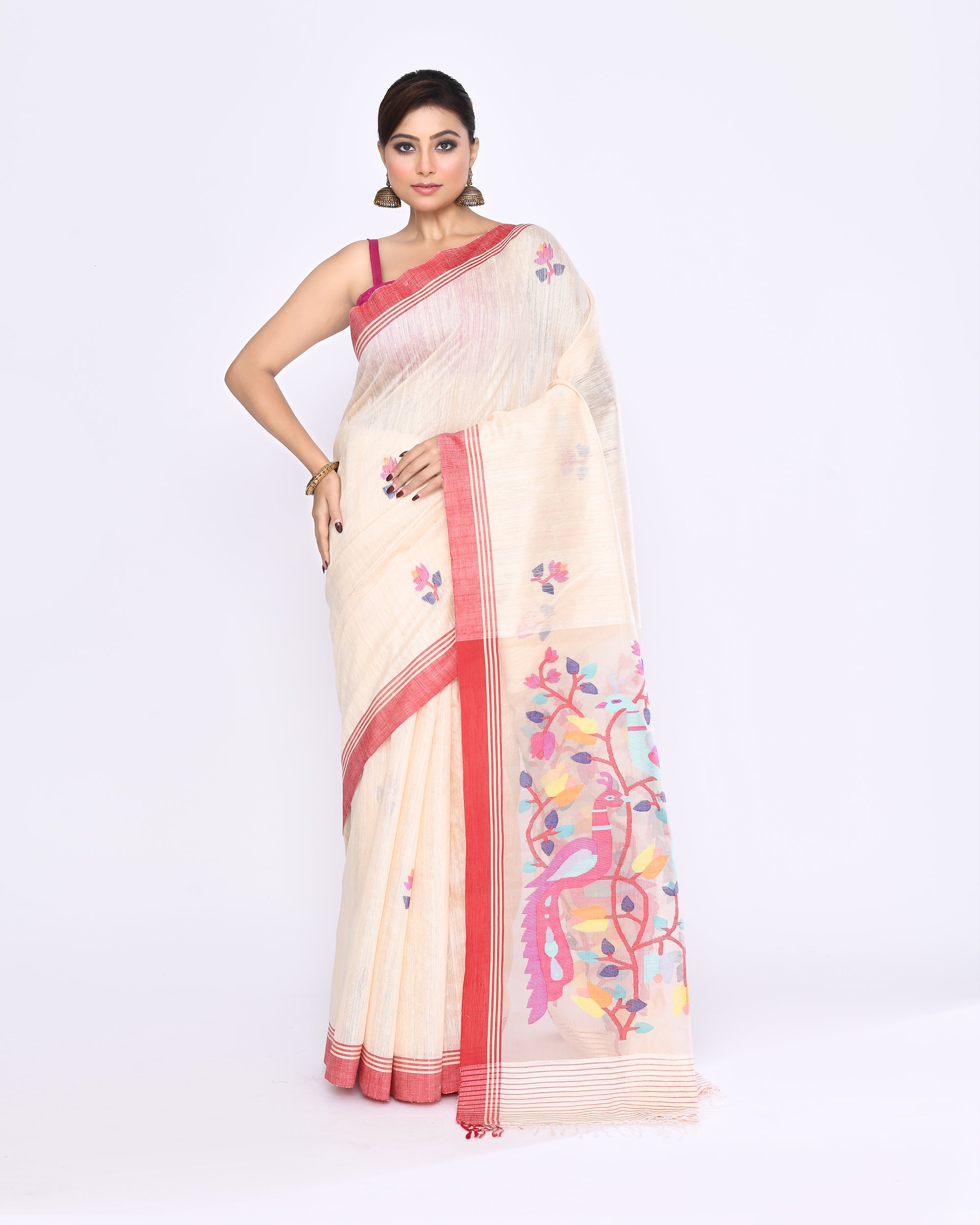 Piyari Fashion Women's Off White Embellished Matka Silk Jamdani Saree