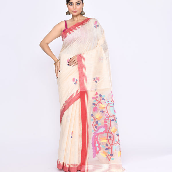 Piyari Fashion Women's Off White Embellished Matka Silk Jamdani Saree - Distacart