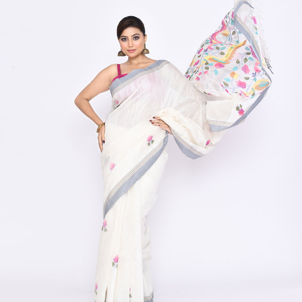 Piyari Fashion Women's Off White Embellished Matka Silk Jamdani Saree