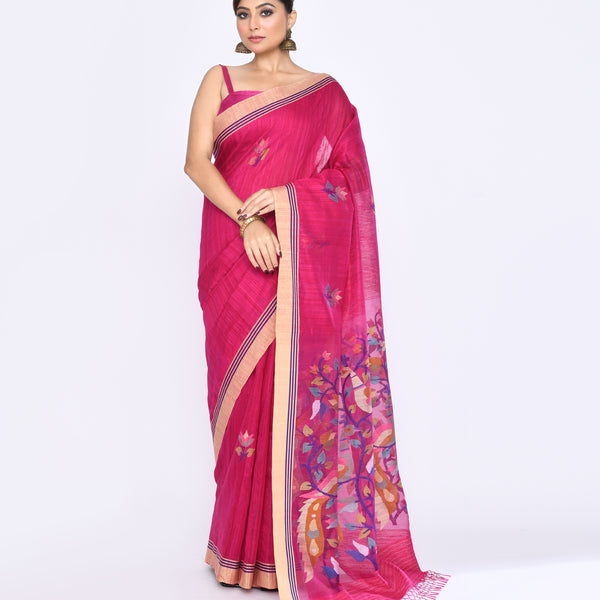 Piyari Fashion Women's Rani Pink Embellished Matka Silk Jamdani Saree - Distacart