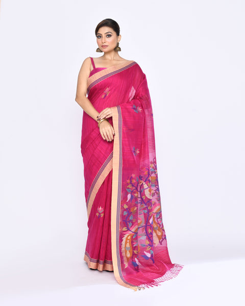 Piyari Fashion Women's Rani Pink Embellished Matka Silk Jamdani Saree