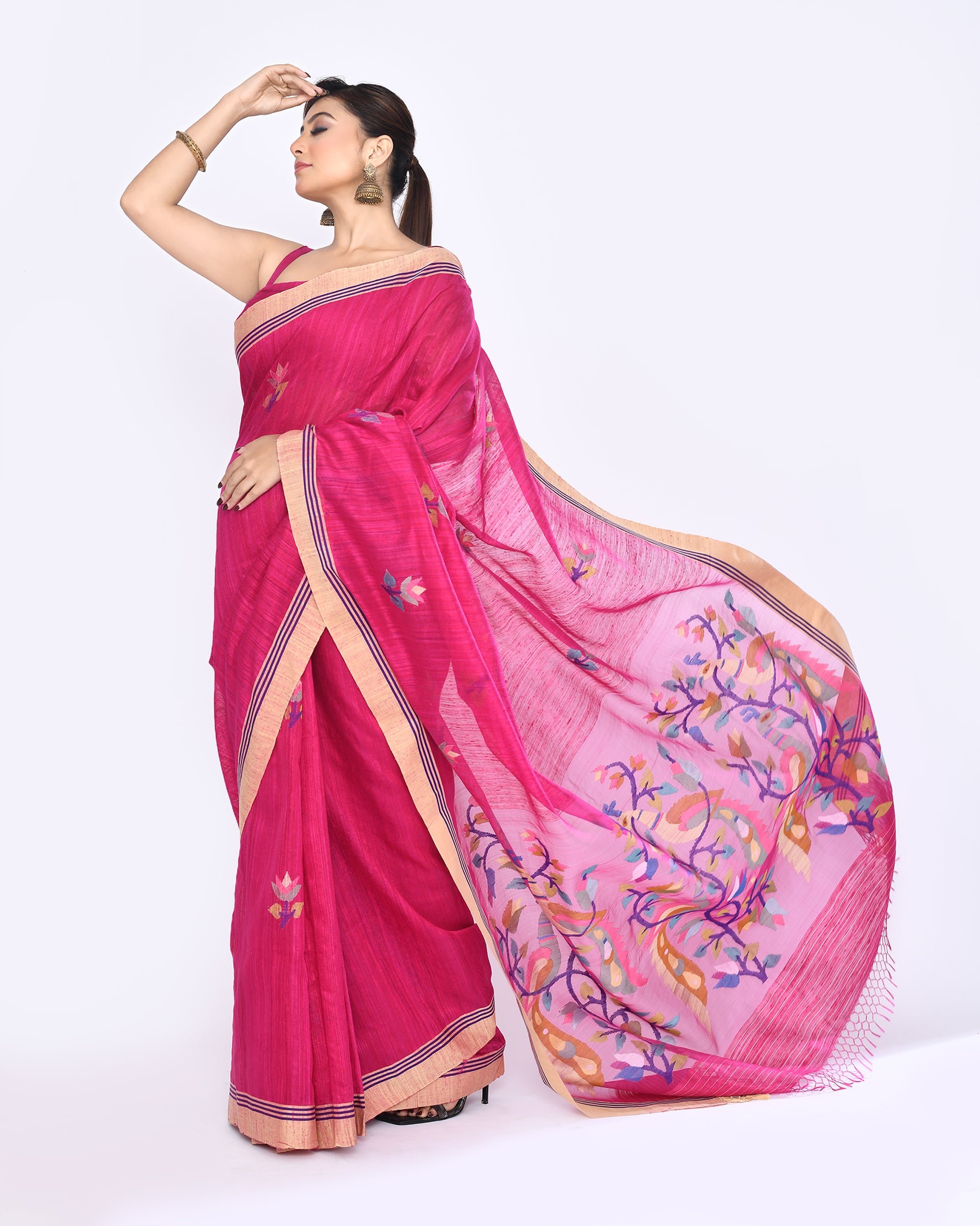 Piyari Fashion Women's Rani Pink Embellished Matka Silk Jamdani Saree