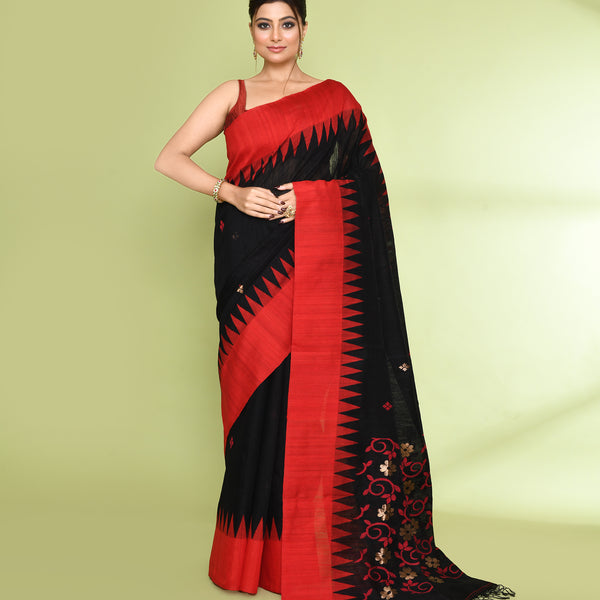 Piyari Fashion Women's Black Embellished Matka Silk Jamdani Saree