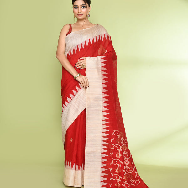 Piyari Fashion Women's Red Embellished Matka Silk Jamdani Saree