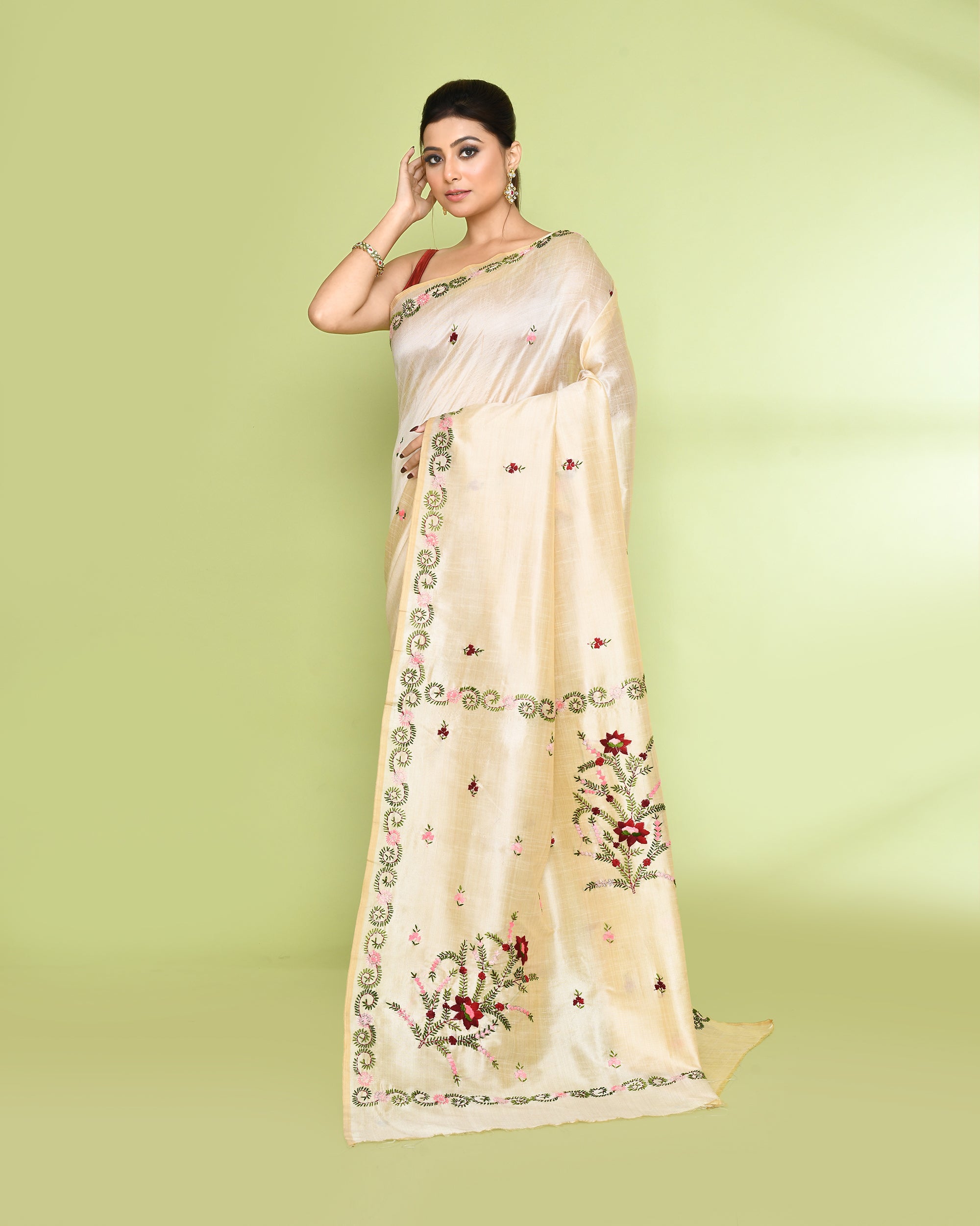 Piyari Fashion Women's Beige Embellished Embroidery Silk Saree
