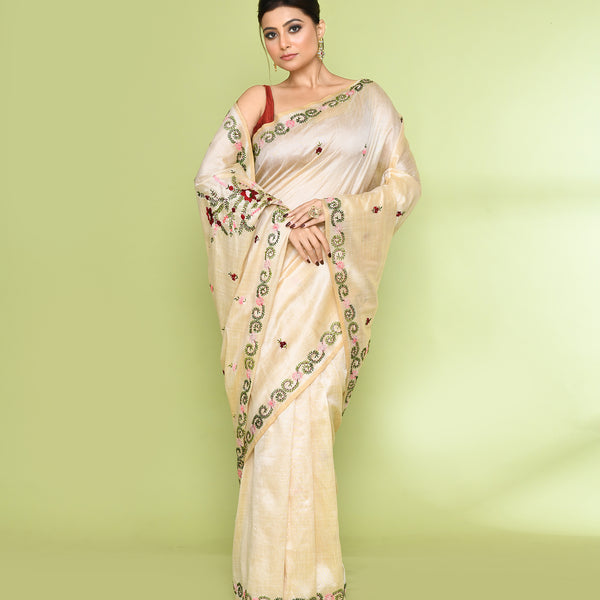 Piyari Fashion Women's Beige Embellished Embroidery Silk Saree - Distacart