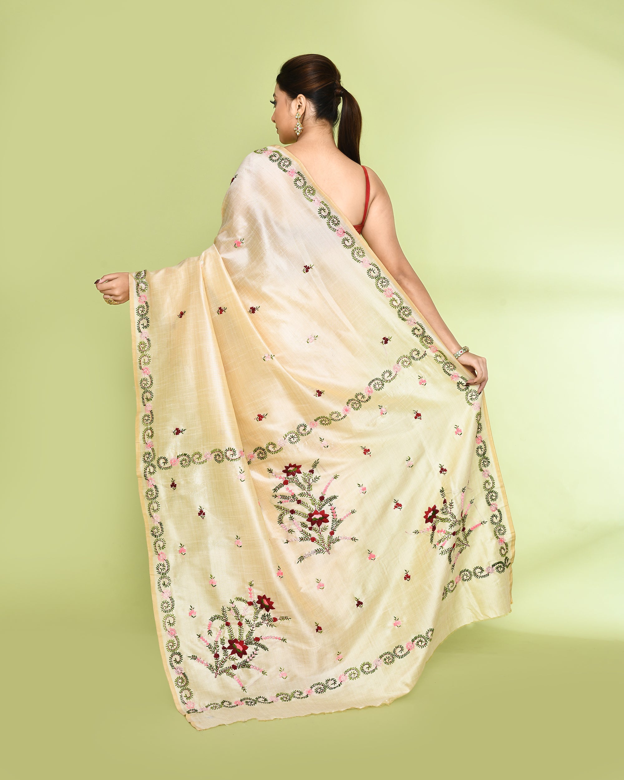 Piyari Fashion Women's Beige Embellished Embroidery Silk Saree