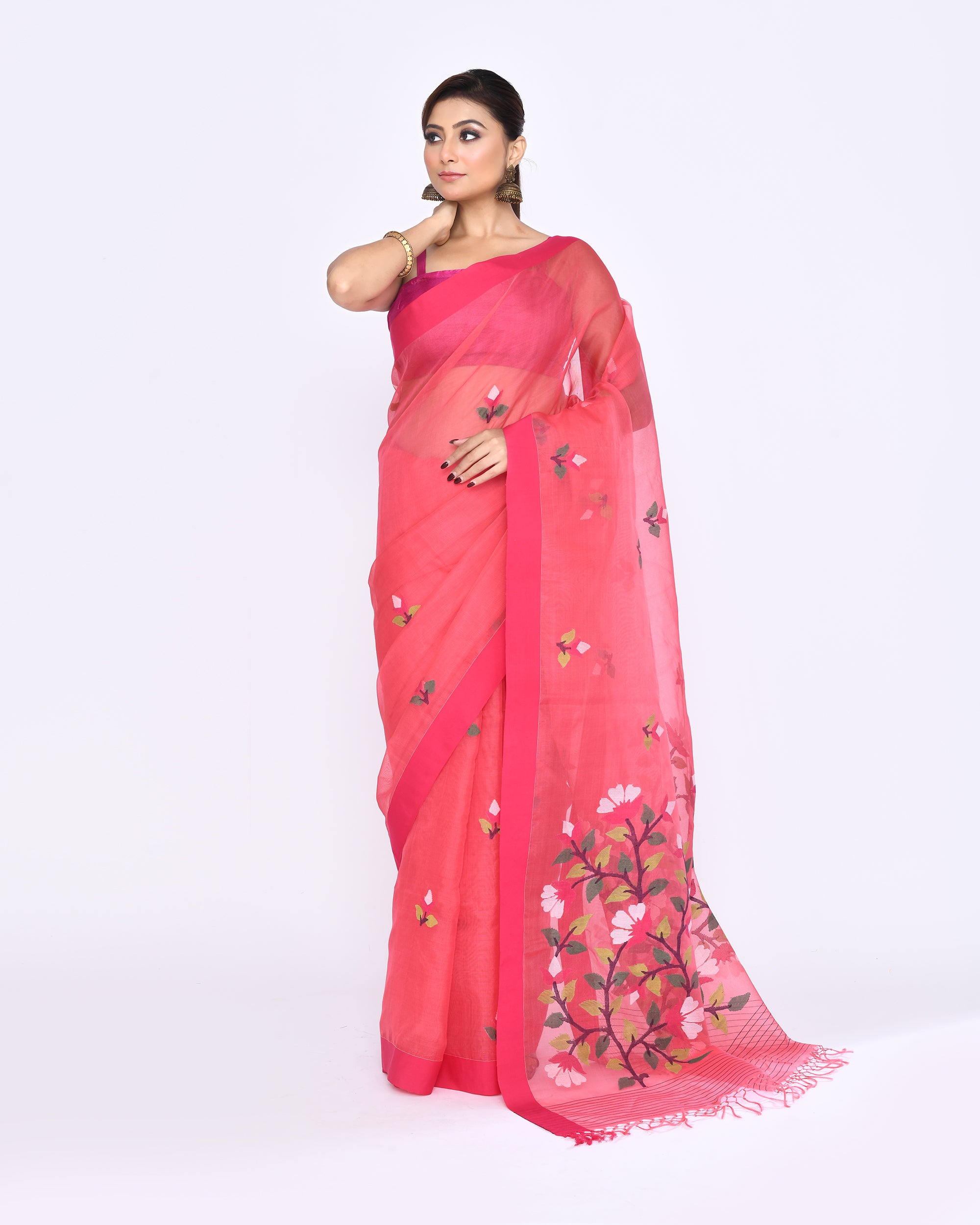 Piyari Fashion Women's Pink Embellished Silk Jamdani Saree
