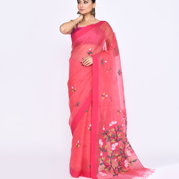 Piyari Fashion Women's Pink Embellished Silk Jamdani Saree - Distacart
