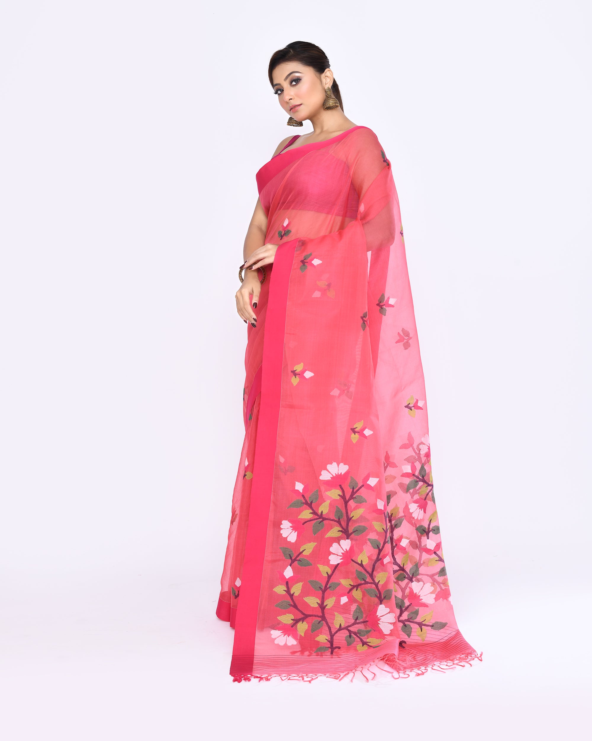 Piyari Fashion Women's Pink Embellished Silk Jamdani Saree
