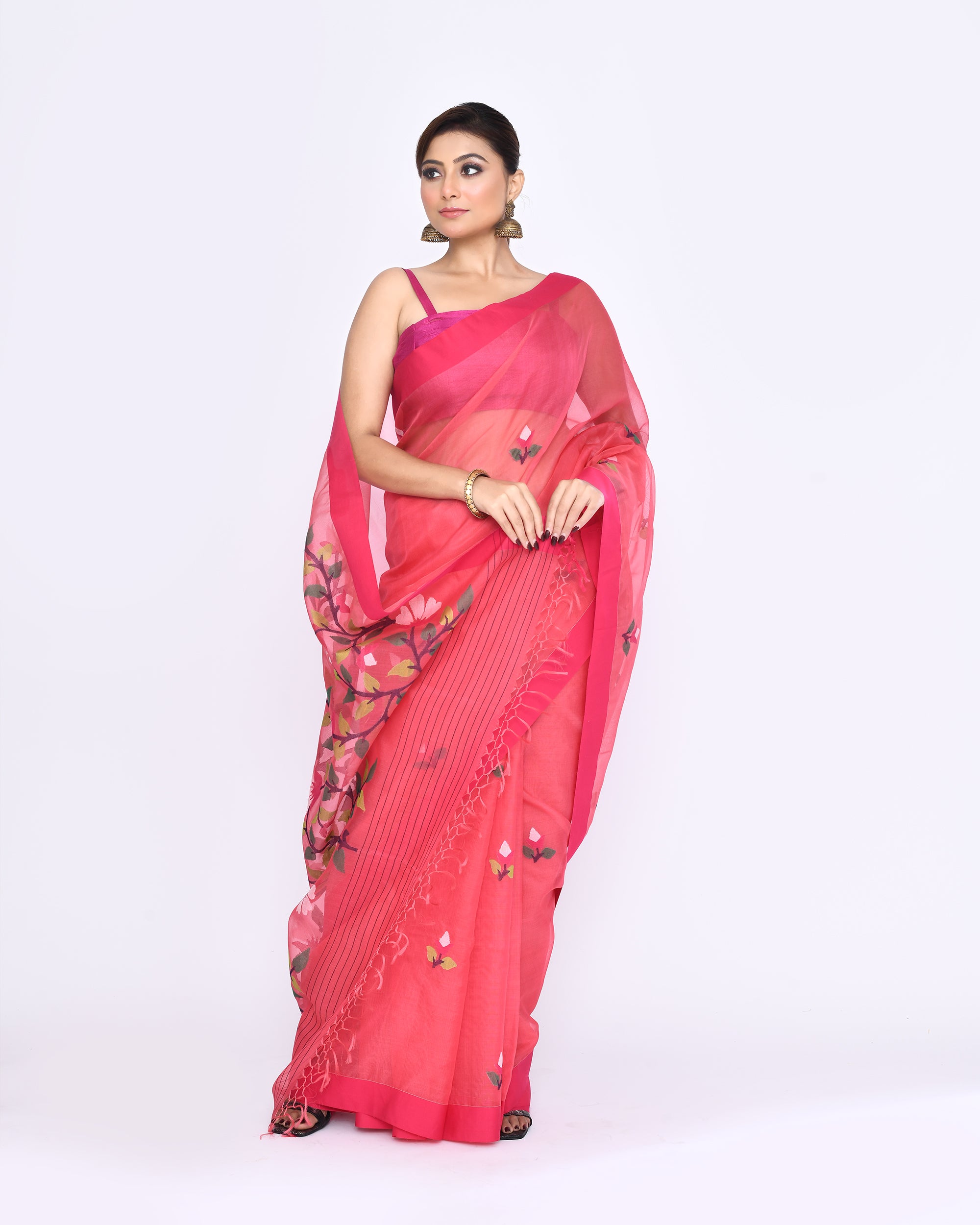 Piyari Fashion Women's Pink Embellished Silk Jamdani Saree