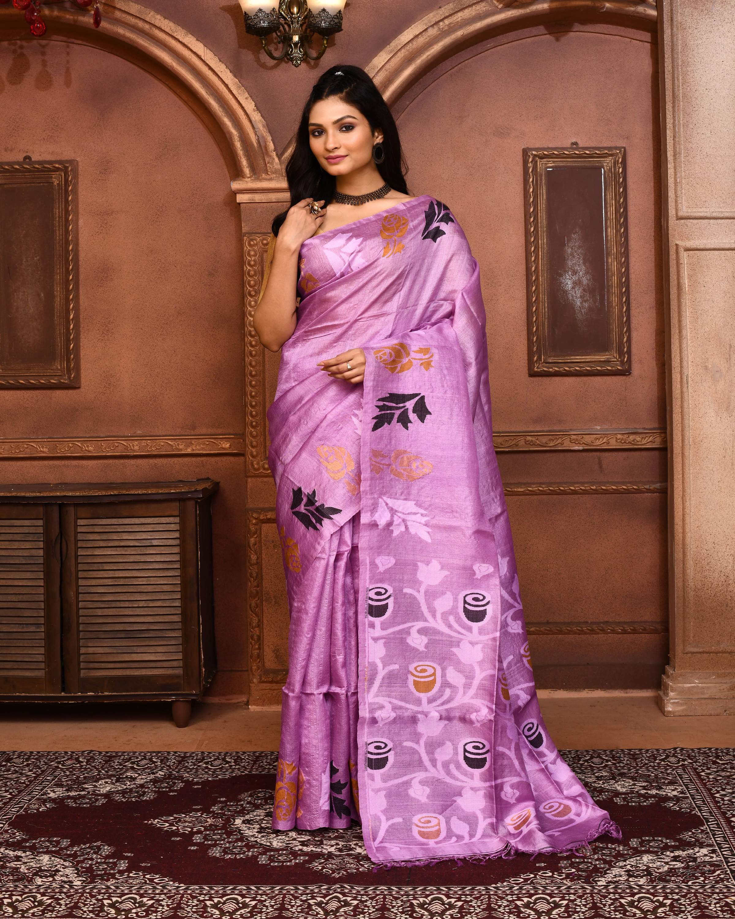 Piyari Fashion Purple Tussar Silk Jamdani Saree With Blouse Piece