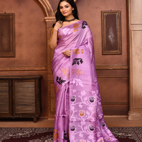 Piyari Fashion Purple Tussar Silk Jamdani Saree With Blouse Piece