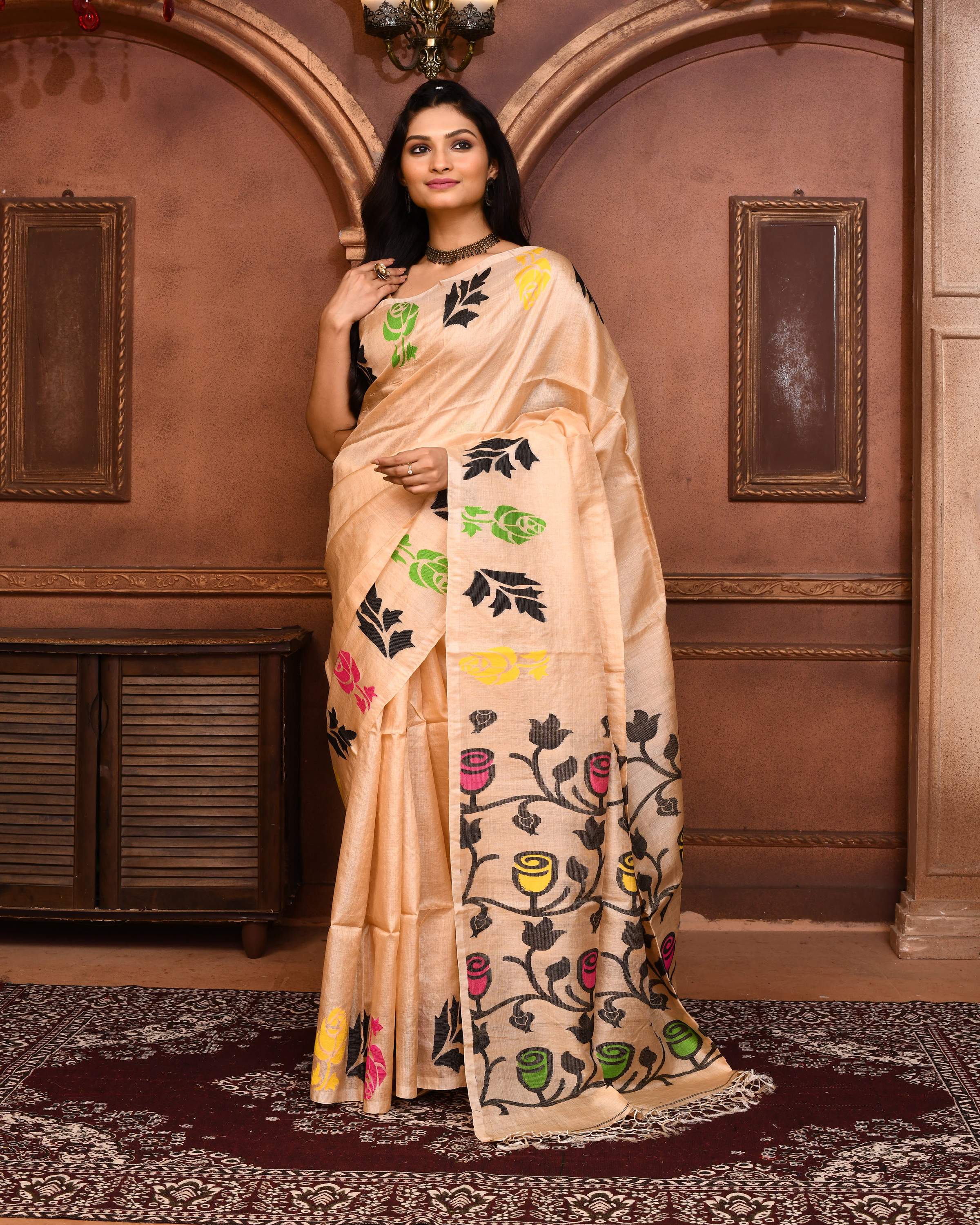 Piyari Fashion Beige Tussar Silk Jamdani Saree With Blouse Piece