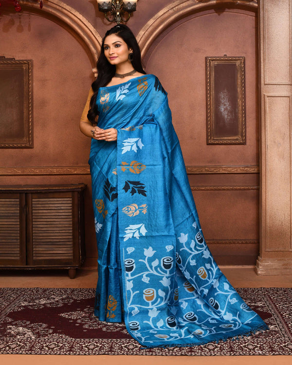 Piyari Fashion Turquoise Blue Tussar Silk Jamdani Saree With Blouse Piece