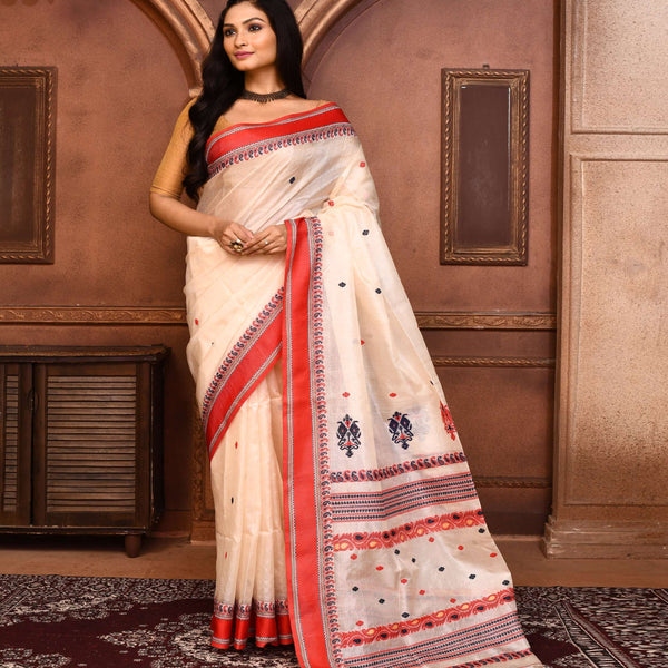 Piyari Fashion Off White Tussar Silk Jamdani Saree With Blouse Piece - Distacart