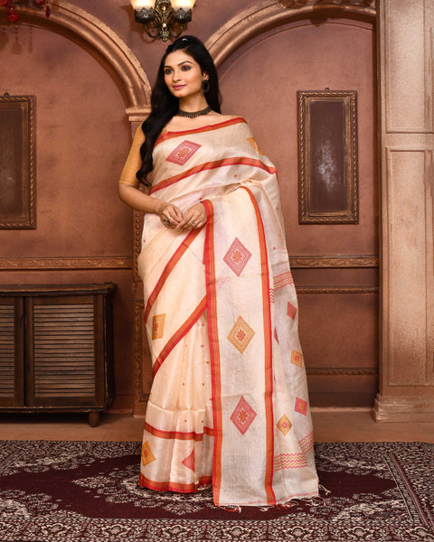 Piyari Fashion Off White Tussar Silk Jamdani Saree With Blouse Piece