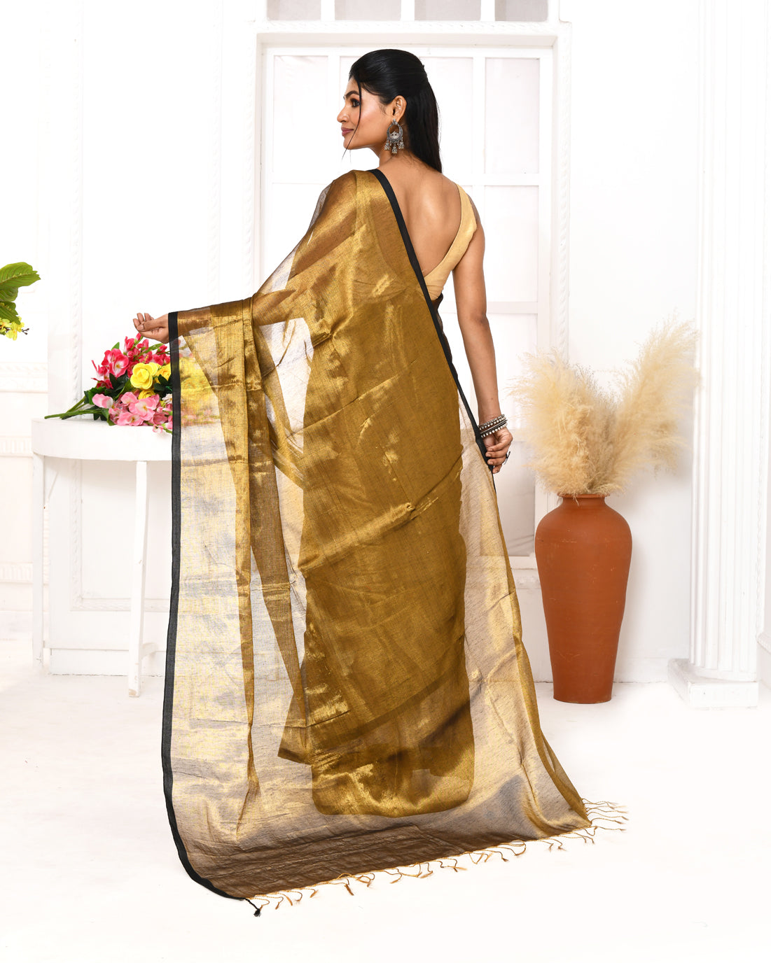 Piyari Fashion Women's Gold Dual Tone Organic Tissue Saree With Blouse Piece