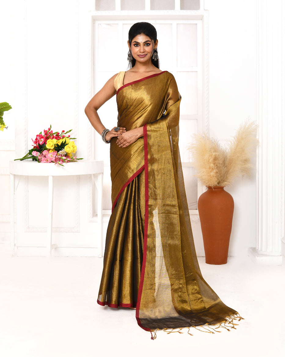 Piyari Fashion Women's Gold Dual Tone Organic Tissue Saree With Blouse Piece