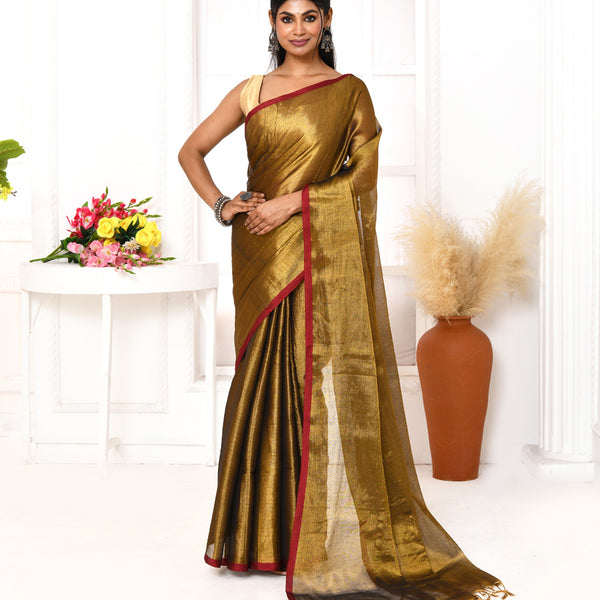 Piyari Fashion Women's Gold Dual Tone Organic Tissue Saree With Blouse Piece
