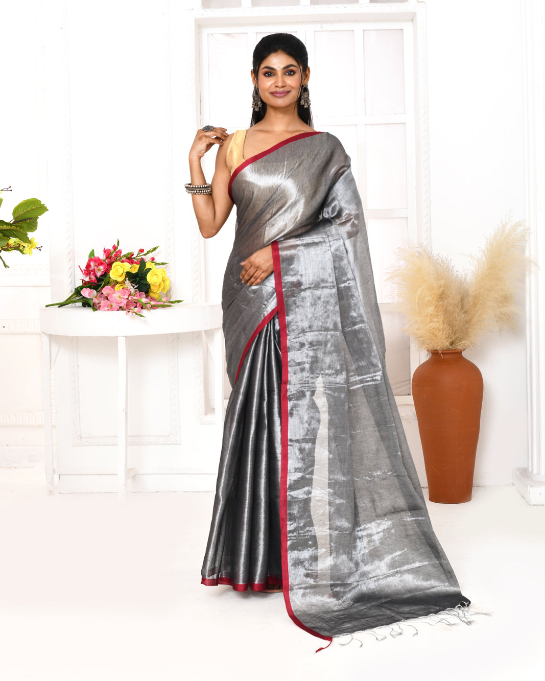 Piyari Fashion Women's Silver Grey Dual Tone Organic Tissue Saree With Blouse Piece