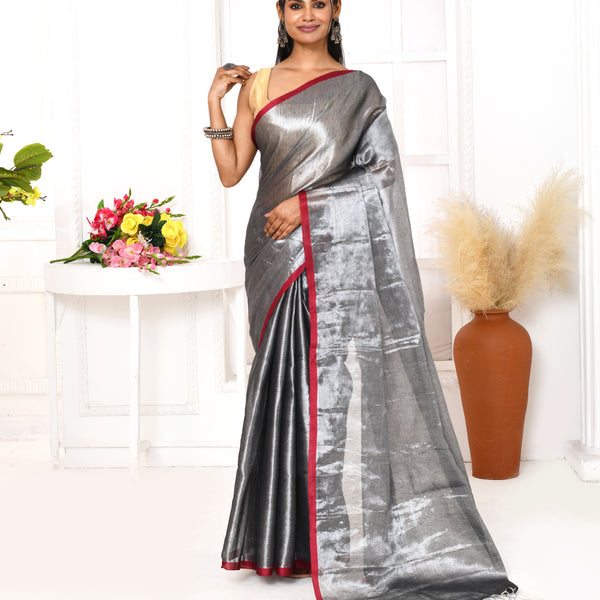 Piyari Fashion Women's Silver Grey Dual Tone Organic Tissue Saree With Blouse Piece - Distacart