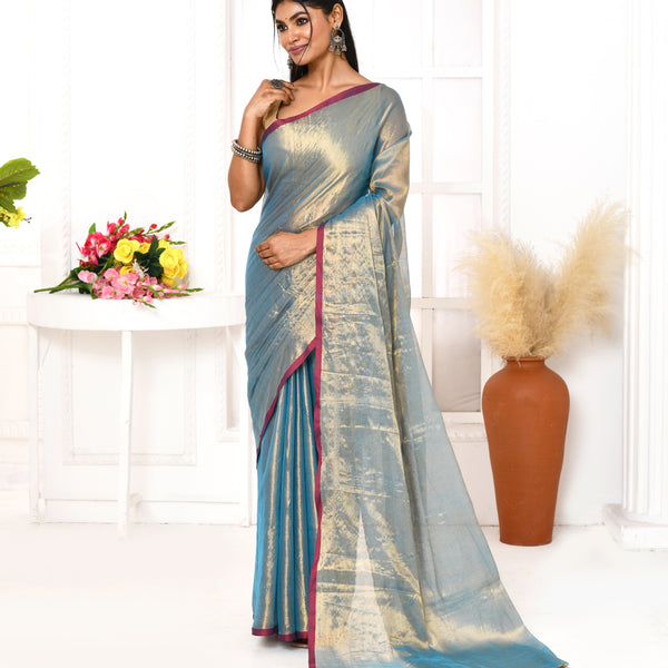Piyari Fashion Women's Copper Blue Dual Tone Organic Tissue Saree With Blouse Piece