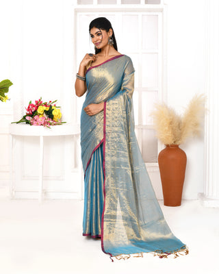 Piyari Fashion Women's Copper Blue Dual Tone Organic Tissue Saree With Blouse Piece