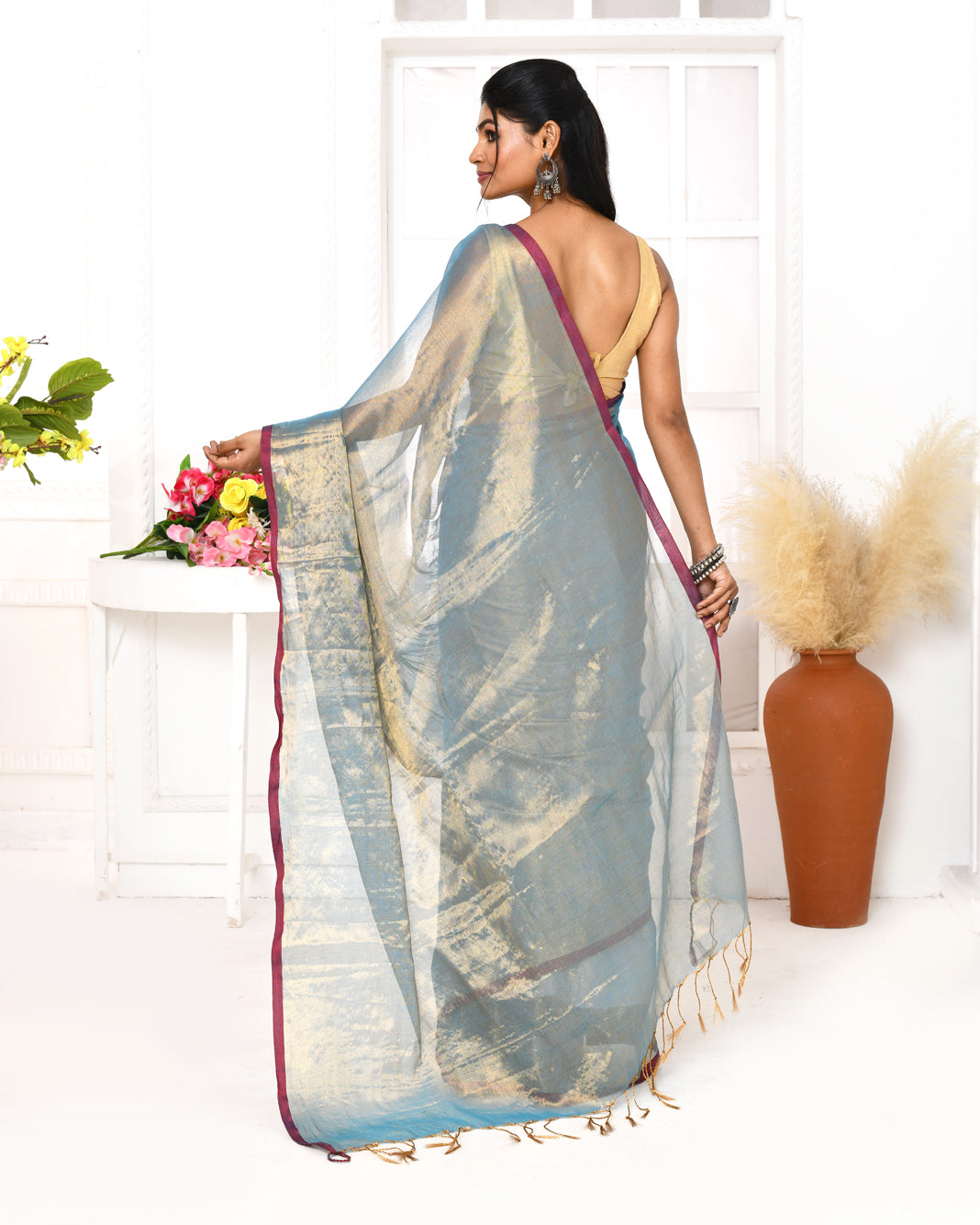 Piyari Fashion Women's Copper Blue Dual Tone Organic Tissue Saree With Blouse Piece