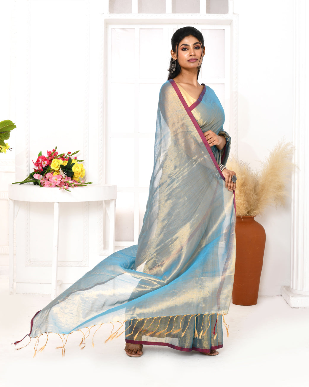 Piyari Fashion Women's Copper Blue Dual Tone Organic Tissue Saree With Blouse Piece