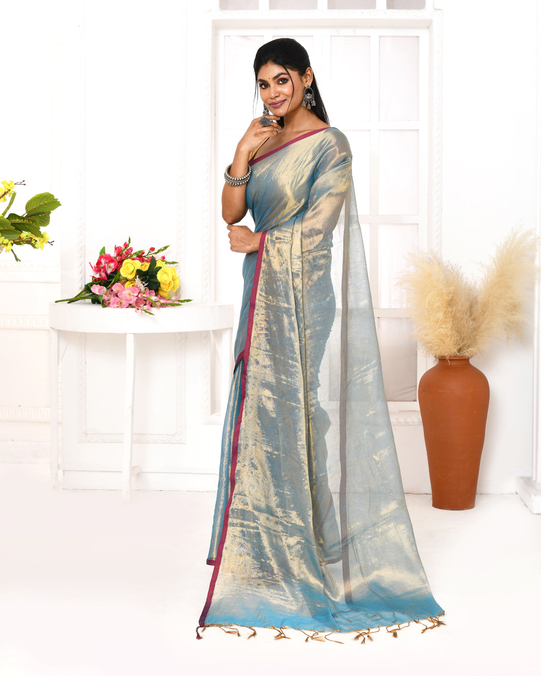 Piyari Fashion Women's Copper Blue Dual Tone Organic Tissue Saree With Blouse Piece