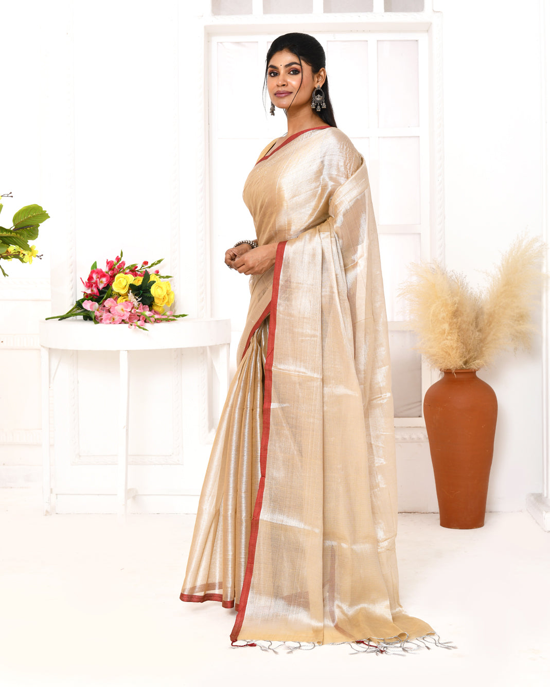 Piyari Fashion Women's Muga Dual Tone Organic Tissue Saree With Blouse Piece