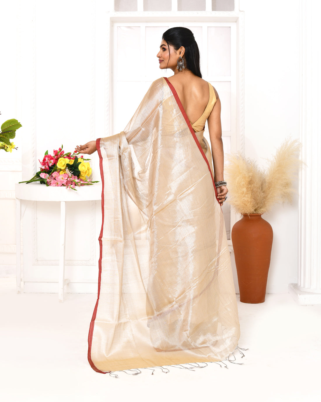 Piyari Fashion Women's Muga Dual Tone Organic Tissue Saree With Blouse Piece