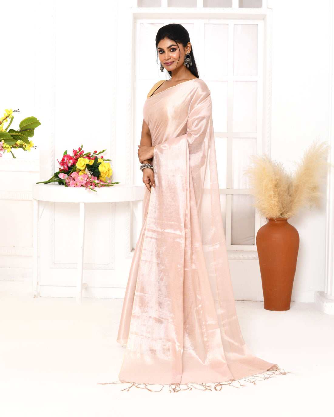 Piyari Fashion Women's Peach Organic Tissue Saree With Blouse Piece