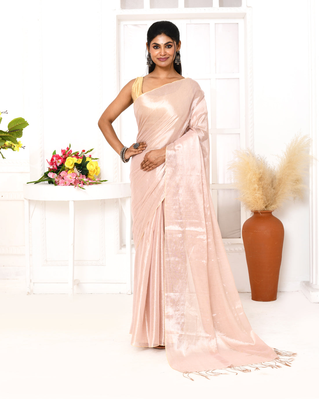 Piyari Fashion Women's Peach Organic Tissue Saree With Blouse Piece