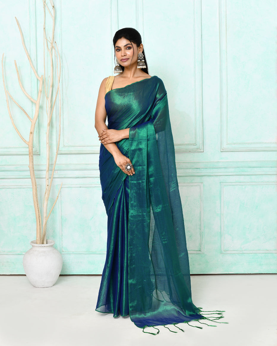 Piyari Fashion Women's Green Blue Dual Tone Organic Tissue Saree With Blouse Piece
