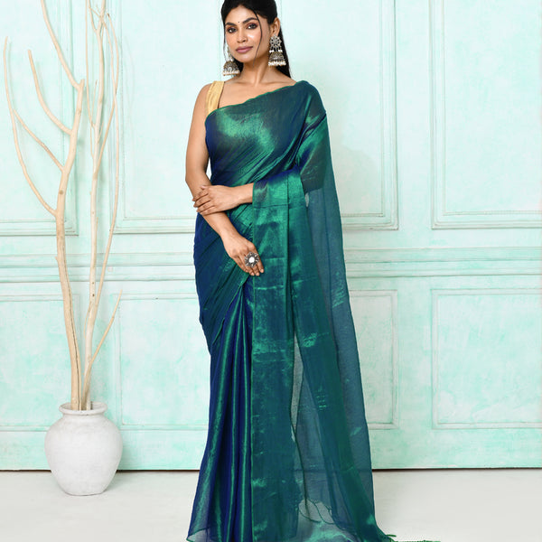 Piyari Fashion Women's Green Blue Dual Tone Organic Tissue Saree With Blouse Piece