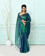 Thumbnail for Piyari Fashion Women's Green Blue Dual Tone Organic Tissue Saree With Blouse Piece
