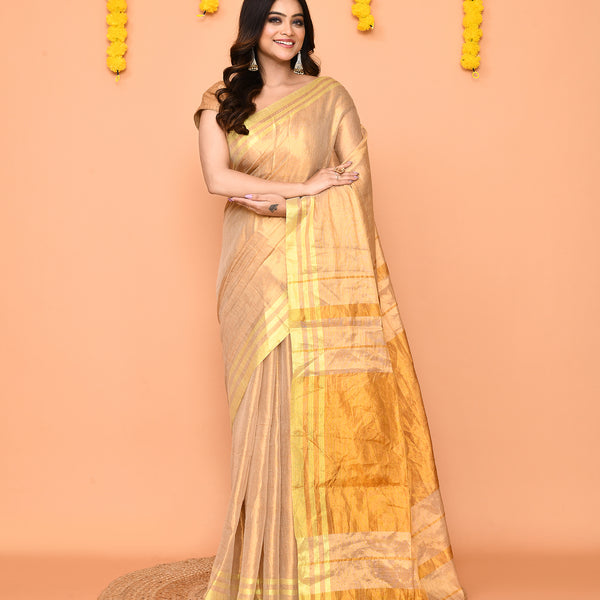 Piyari Fashion Women's Beige Zari Cotton Handloom Tissue Saree
