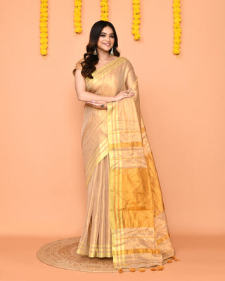 Piyari Fashion Women's Beige Zari Cotton Handloom Tissue Saree