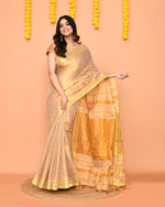 Thumbnail for Piyari Fashion Women's Beige Zari Cotton Handloom Tissue Saree