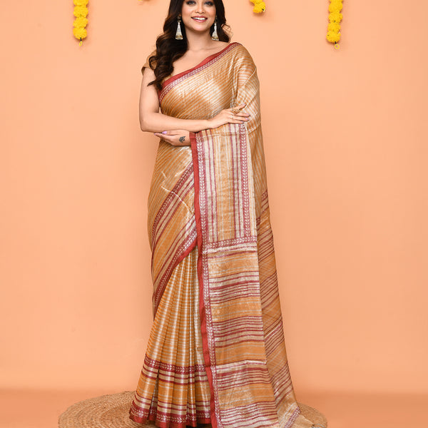Piyari Fashion Women's Beige Zari Cotton Handloom Tissue Saree