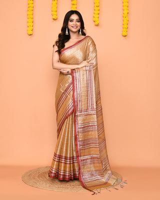 Piyari Fashion Women's Beige Zari Cotton Handloom Tissue Saree