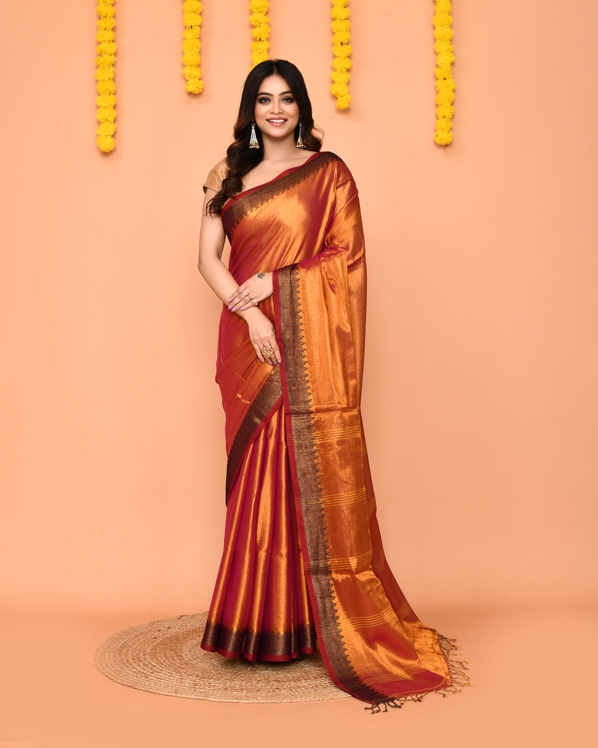 Piyari Fashion Women's Pink Yellow Dual Tone Zari Cotton Handloom Tissue Saree