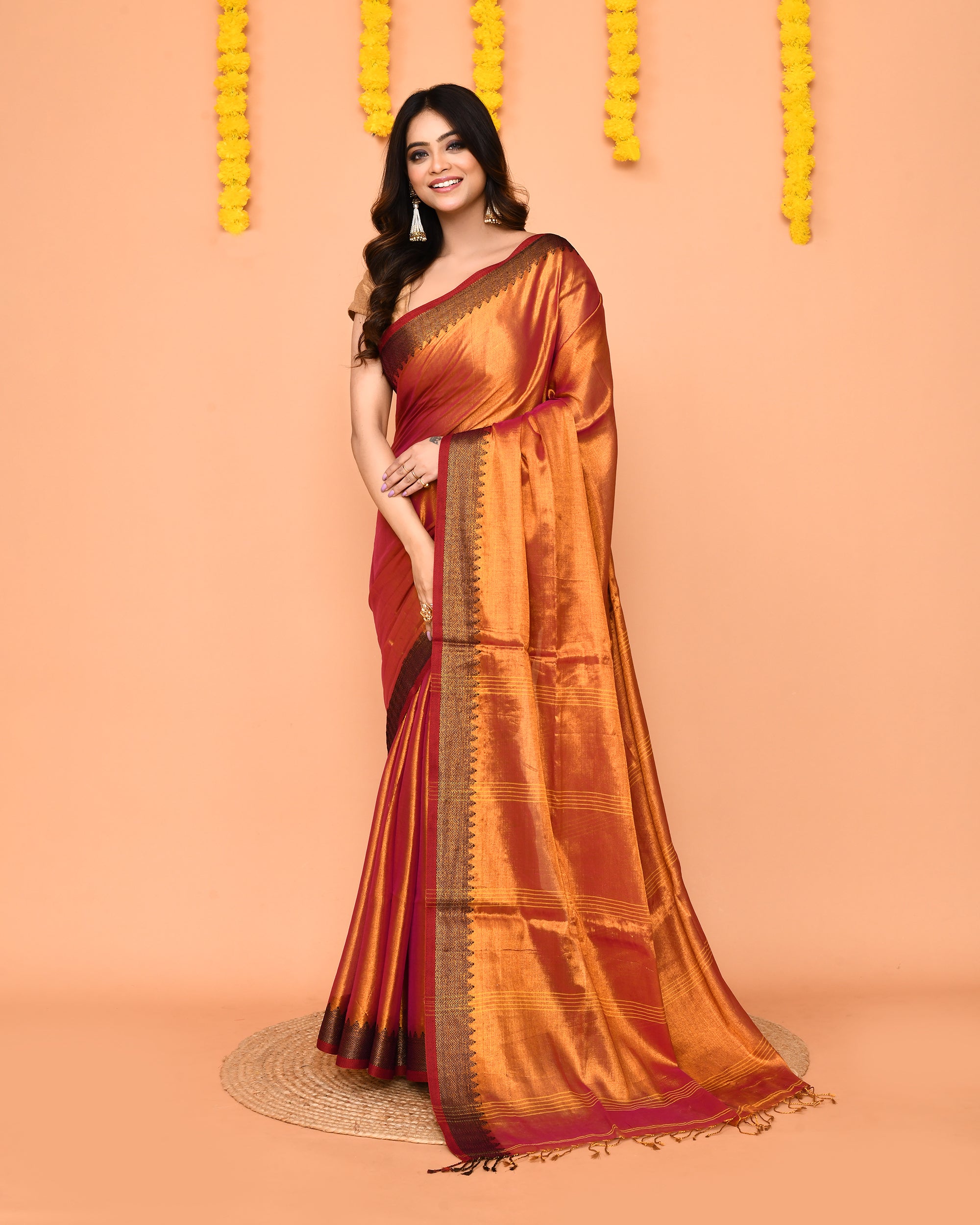 Piyari Fashion Women's Pink Yellow Dual Tone Zari Cotton Handloom Tissue Saree