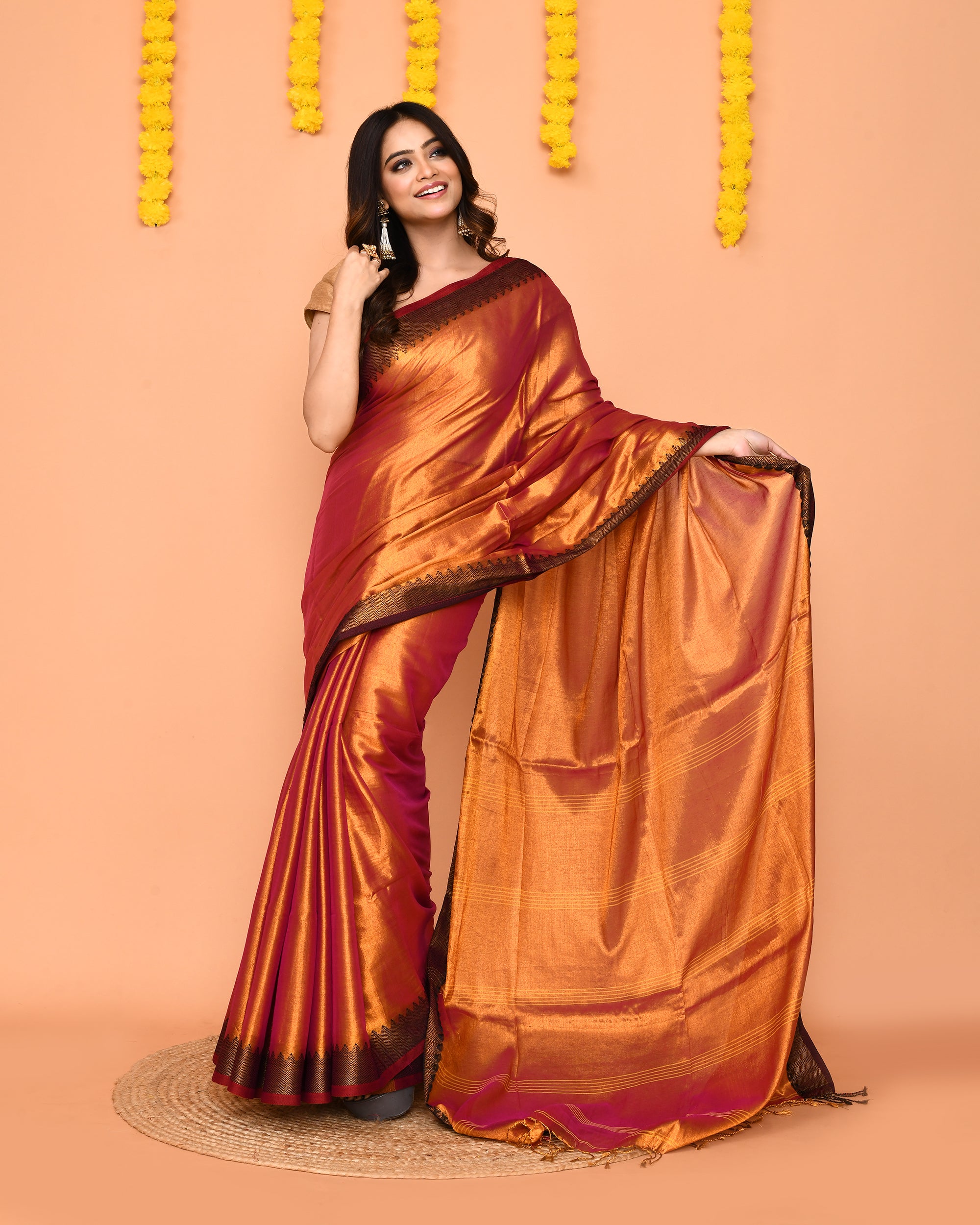 Piyari Fashion Women's Pink Yellow Dual Tone Zari Cotton Handloom Tissue Saree